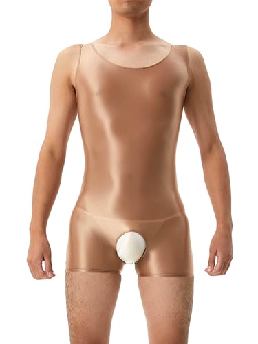 Eandarui Men's Glossy Hollow Out One-Piece Bodysuit Boxer Jumpsuit Athletic Sport Wrestling Singlet Coffee Medium