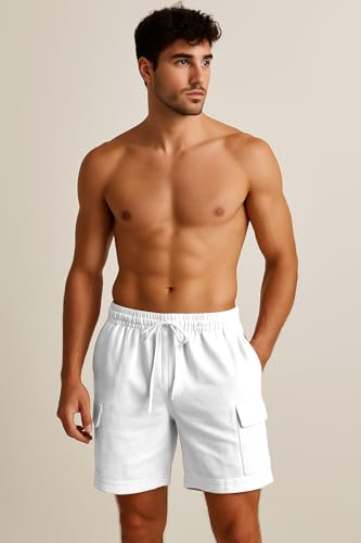 Image of INKKR Men's Cargo Linen Shorts Beach Shorts Drawstring Elastic Multi Pocket Plain Comfort Breathable Knee Length Cotton Shorts