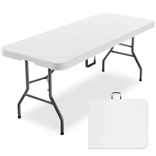 MEI&CO 6ft Heavy Duty Outdoor Folding Table for 6 - Sturdy HDPE Top, 350lbs Capacity, Foldable Lockable Design, No Assembly - Camping Parties Picnics (White)