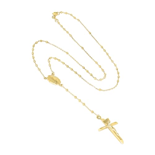 Floreo 10k Yellow Gold or Tri-Gold 2mm Rosary with Virgin Mary Medal and Crucifix of Jesus Cross Pendant Chain Necklace4