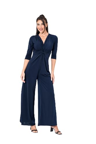 Julie d’Orleac Mono Mujer Elegante Palazzo – Mono Largo Mujer Escote Pico con Nudo Bajo el Pecho Boda Evento Vacaciones Viaje(Marino, XL)