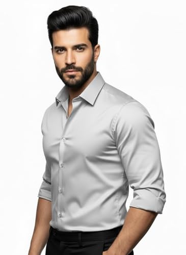 Image of Amazon brand - INKAST Men's Stylish Solid Satin Casual Shirt for Men Full Sleeves| Poly Satin Silk Shirt Silver