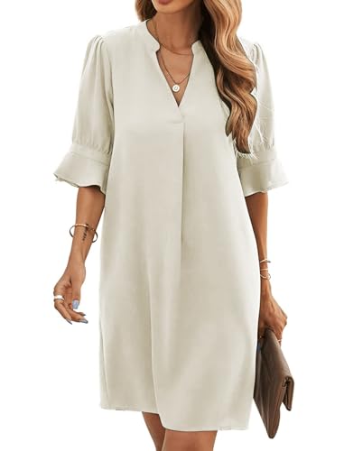 Famulily Sommer Kleid für Frauen Trendy V-Ausschnitt Nette Kleider Casual Lose Flowy Mini Kleid Beige XL