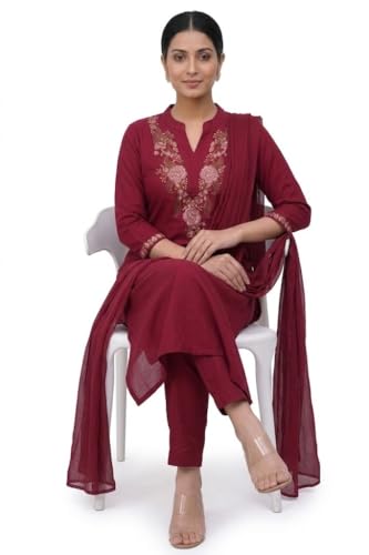 Image of Stylish Maroon Printed Anarkali Kurta and Pant Set for Women | Rayon Kurti with Chikankari Neckline & Chanderi Cotton Dupatta