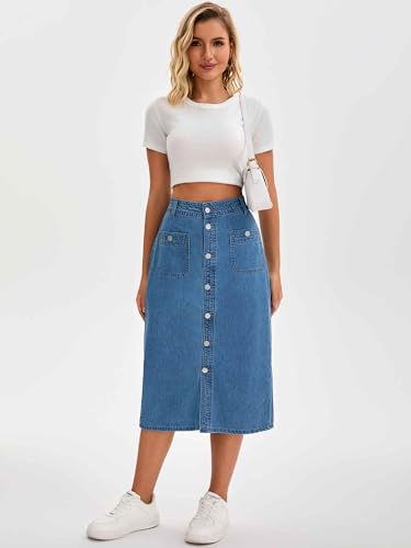 Women's Denim Skirt Button Down Front High Waist Pockets Midi Jean Skirts3