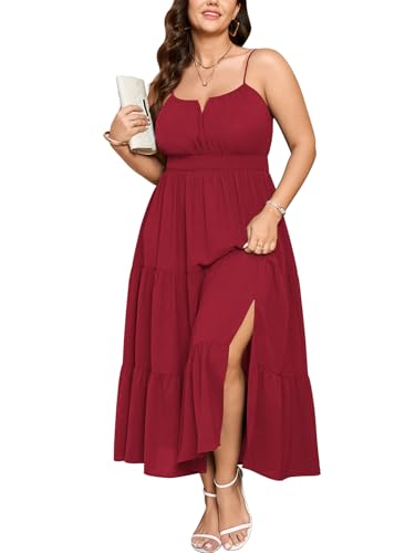 SHESTARR Women's Plus Size Party Maxi Dress Sleeveless Spaghetti Strap Smocked Waist A-line Tiered Side Slit Summer Sundress