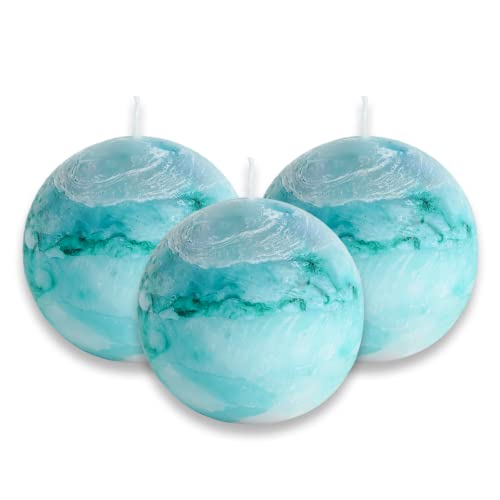 Tie-dye Turquoise Rustic Ball Pillar Candles-3 Inch Unscented Round Candles for Wedding Decoration, Celebrations, Holiday Candles, and Home Decor - Set of 3 Paraffin Sphere Candles Deal