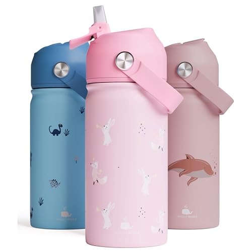 WigglyWhale Stainless Steel Kids Water Bottle 380ML BPA-Free Leakproof Insulated Double Wall for School & Toddler Use with or Without Straw Hot & Cold Liquids