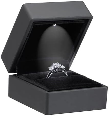 Allure - Luxury Ring Box With LED Light, Square Shaped Elegant Diamond Ring Case, For Unique Proposal, Engagement Or Wedding, Small, Black Velvet Interior Jewelry Display Gift Box For Promise Rings.