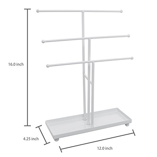 Mygift Modern Jewelry Organizer, 3 Tier White Metal Tabletop Bracelet And Necklace Jewelry Storage Display Tree Rack With Base Ring Tray #TOP4