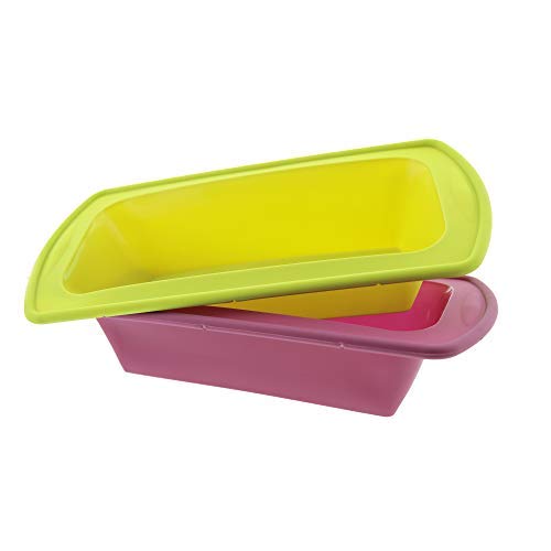 Rolo sobre a imagem para zoom em Elbee Home conjunto de 2 mini panelas de silicone premium de 3,8 cm de espessura para movimento fácil e estável, Green and Purple, Loaf Pan, 2