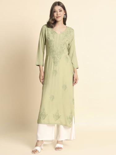 Image of VAIRAGEE Women's Embroidered Lukhnavi Chikankari Work Straight Rayon Ethnic Kurta | Casual Office Kurta for Women