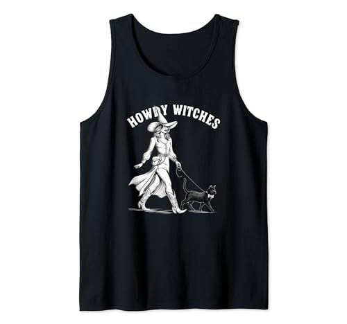 Howdy Witches Western Cowgirl Con Gato Divertido Halloween Camiseta sin Mangas