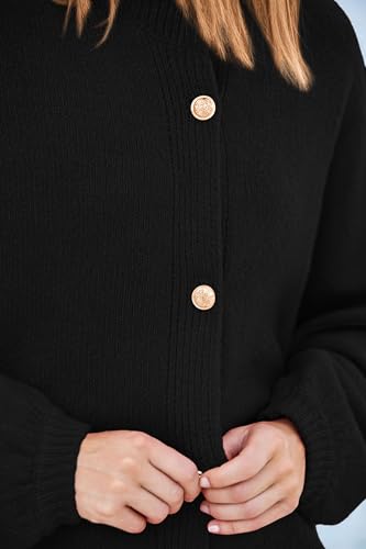 Image of PRETTYGARDEN Women's Winter Button Down Cardigan Sweaters Mock Neck Lantern Long Sleeve Chunky Knit Jacket Trendy Outerwear (Black,X-Large)