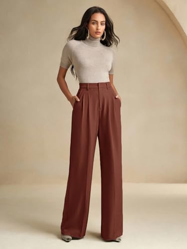 Image of KOTTY Women's High Waist Solid Color Hook and Bar Wide Leg Trousers Loose Comfort Trouser with Pockets