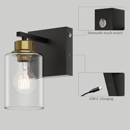 Image of Rayogale Wireless Battery Operated Wall Sconce Set of 2 with Remote Control | Black & Gold Dimmable Rechargeable Wall Lights with Timer, Easy Install Glass Lamp for Living Room Bedroom, Emergency 3000K