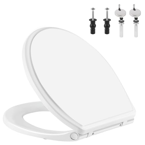 Image of Universal Round Toilet Seat Soft Close Cover, 4 PCS Toilet Bolts, White