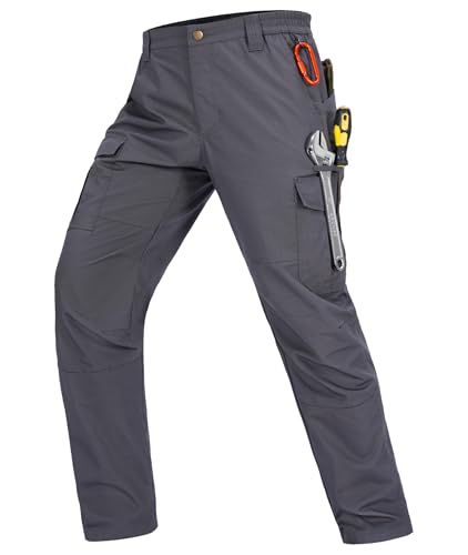 Zoofly Mens Cargo Pants Elastic Waist Cargo Work Pants for Men with Multi Pockets Outdoor Hiking Pants Waterproof Ripstop Grey 36W*30L