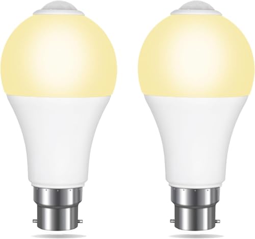 Akynite LED Motion Sensor Bulbs B22 12W Warm White 3000K 1000LM Detection Angle 120 Auto on Off AC 230V B22 BC Large Bayonet LED Motion Sensor Ceiling Light Bulb for Porch 2pcs