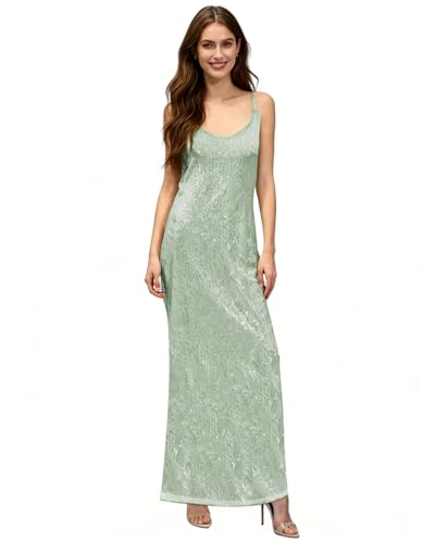 Image of BOLLEY JOSS Sequin Maxi Dress for Women Open Back Spaghetti Strap Formal Evening Gown with Slit Prom Cocktail Party Dress