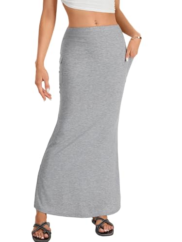 Rooscier Women's Side Split Hem Elastic High Waisted Bodycon Maxi Skirts with Pockets2