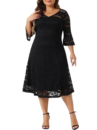 Image of Agnes Orinda Plus Size Women's Lace Wedding Dress V-Neck 3 /4 Sleeve Midi Swing Evening Bridesmaid Dresses