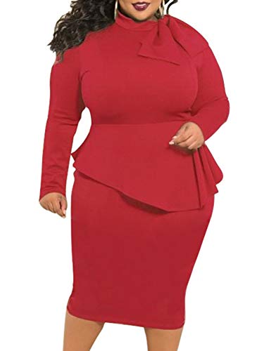 SEMATOMALA Women’s Tie Bowknot Neck Long Sleeve Peplum Knee Length Party Office Business Bodycon Plus Size Dress3