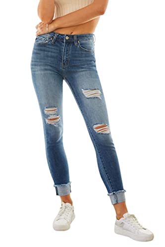 Kancan Women's High Rise Distressed Cuffed Ankle Skinny Jeans - KC7299