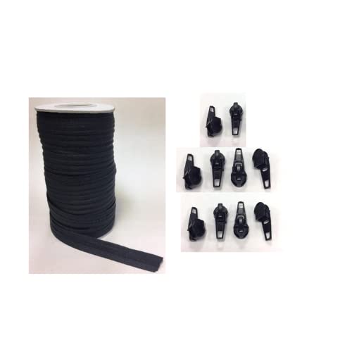 Continuous Zipping White - Black and Beige with Sliders Cushions Upholstery Nylon Coil Zipper Tape for Sewing Heavy Duty zips on roll Number 3 (Black 1 Meter 2 Sliders)