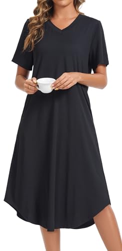 Image of Kabento Nightgowns for Women Cotton Short Sleeve Long Night Gowns with Pockets