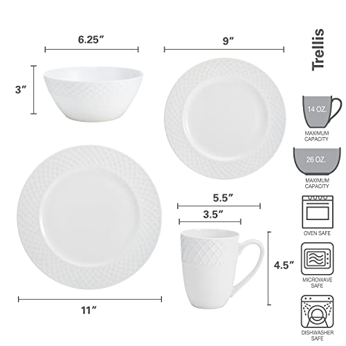 Image of Mikasa Trellis 16-Piece Bone China Dinnerware Set, White, Includes Dinner Plates, Salad Plates, Cereal Bowls and Mugs, Dishwasher Safe