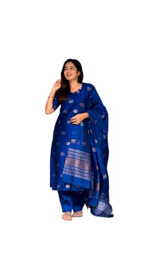 Image of Women's Cotton Silk Kurta Set with Dupatta | Embroidered Straight Kurti with Matching Pants | Traditional Ethnic Wear Suit for Festive, Casual & Office Wear