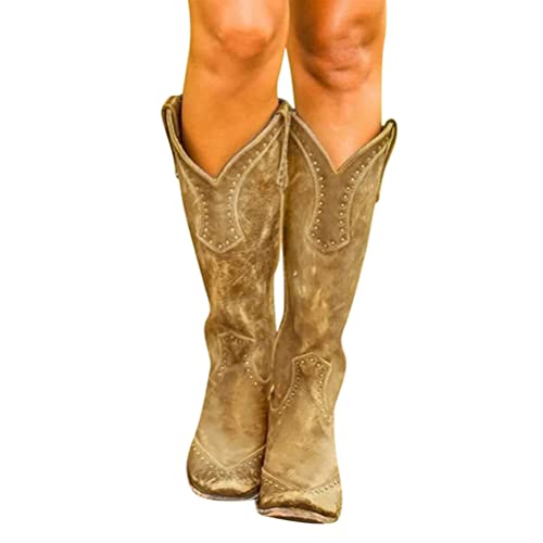 Minetom Langschaft Stiefel Damen Cowboy Stiefel Retro Reißverschluß Boots Blockabsatz Winter Herbst Stiefel Westernstiefel Halbhohe Stiefel A Gelb 39 EU