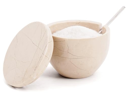 Salero de mármol con tapa y cuchara de 133,2 g, recipiente para condimentos Verona de pie, ideal para sal de piedra, azúcar y especias