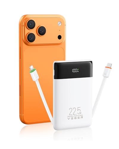 VEGER Power Bank con Cables Integrados,10000mAh USB C Bateria Portatil, 22.5W Mini Bateria Externa Carga Rapida Compatible con teléfonos móviles, tabletas, Chalecos calefactables, etc. (Blanco)