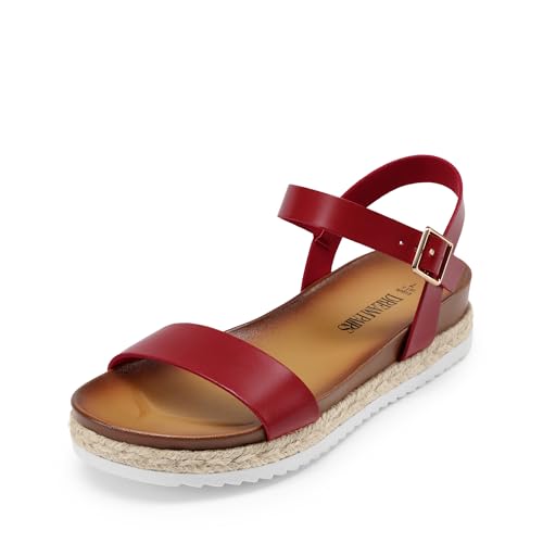 DREAM PAIRS Women’s Open Toe Ankle Strap Espadrille Casual Flatform Platform Wedge Sandals 5.5 Red-pu