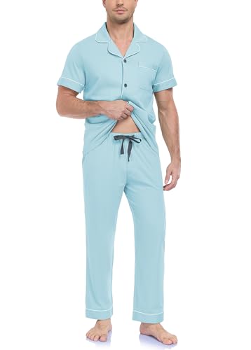 Image of COLORFULLEAF 100% Cotton Mens Pajamas Set Short Sleeve Loungewear with Long Pants Button Down Sleepwear Soft Comfy Pj for Men