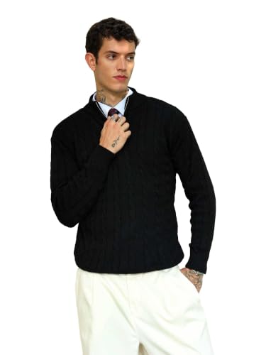 Image of Kvetoo Men's Wool High Neck Zipper Sweater, Full Sleeve Cable Knit Quarter Zip Winter Pullover