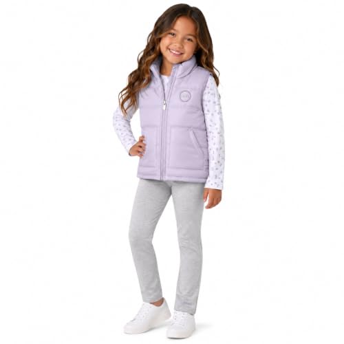Image of DKNY Girls' Vest Set - 3 Piece Button Down Quilted Puffer Vest Long Sleeve Shirt and Flare Leggings Set (Sizes: 2T-6X)