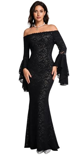 Image of HOYISHION Women's Off The Shoulder Floral Lace Maxi Dress White Bridesmaid Wedding Party Maternity Photoshoot Long Dresses