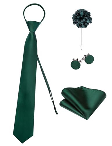 Image of Hi-Tie Zipper Ties for Men Dark Green Pre-Tied Necktie Lapel Pin Pocket Square Cufflinks Set