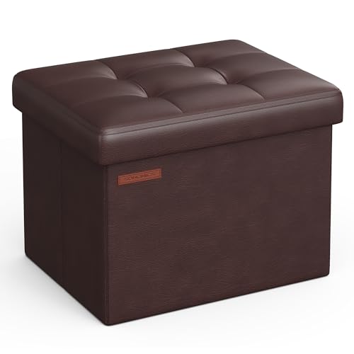 Image of SONGMICS Small Folding Storage Ottoman, Foot Rest Stool, Cube Footrest, Synthetic Leather, 12.2 x 16.1 x 12.2 Inches, 286 lb Capacity, for Living Room, Bedroom, Dorm, Chestnut Brown ULSF100K02