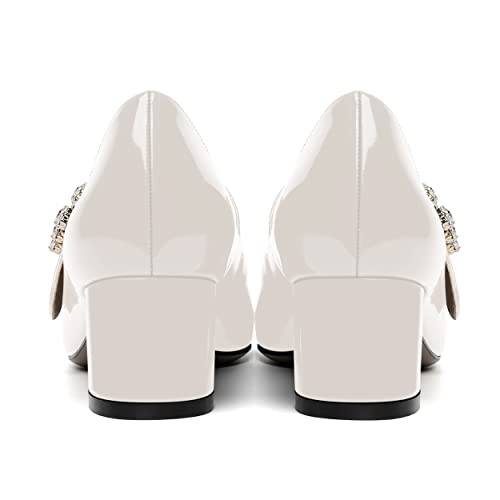NUMALEO Womens Rhinestone Wedding Square Toe Dress Patent Ankle Strap Solid Bungee Chunky Low Heel Pumps Shoes 2 Inch4