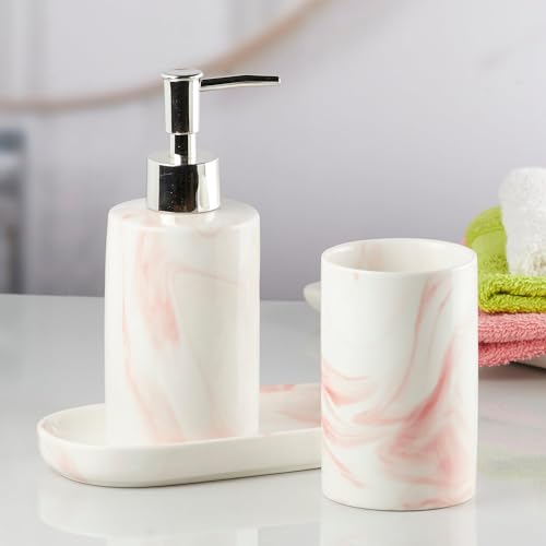 Image of SaSaSa Ceramic Bathroom Set of 3 Modern Bath Accessories Kit with Soap Dispenser, Toothbrush Holder & Dish - Stylish & Elegant Bathroom Decor, White /Pink (7648)