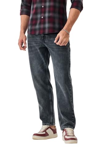 Image of SNITCH Men Casual Jeans | Relaxed Fit Straight Leg Washed Pattern & Drawstring Closure | 100% Cotton Denim Fabric for All Day Comfort & Everyday Wear