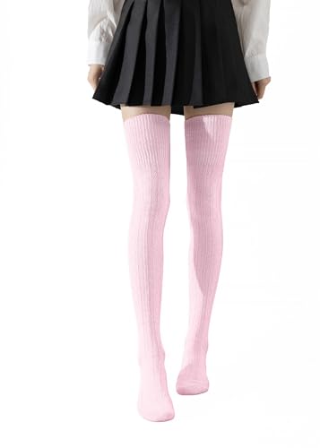 Sofvoyami Womens Thigh High Socks - Over The Knee Cable Knit Warm Boot Socks Stretchy Cotton Blend Long Sock for Women (US Numeric 7 Regular Regular Pink)