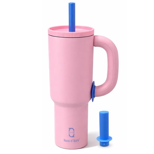 Image of House of Quirk 1200ml Stainless Steel Tumbler with Handle, Straw & Straw Cap | Leakproof Water Bottle | Large Capacity Travel Mug (Blossom Pink)