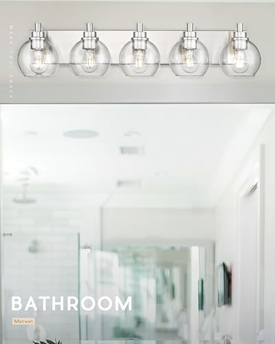 Image of Bathroom Light Fixtures, 5 Light Brushed Nickel Vanity Light, 32 Inch Modern Wall Sconces with Globe Clear Glass Shade, Vanity Lighting Fixtures Over Mirror, VL195-BN-CL-5