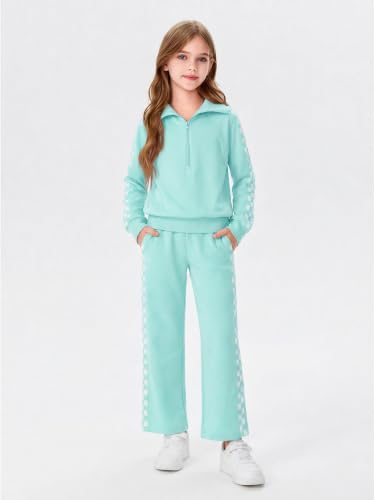 Image of Haloumoning Girls Sweatsuit 2 Piece Zip Long Sleeve Sweat Outfits | Half Zip,Waist drawstring,girls tracksuit