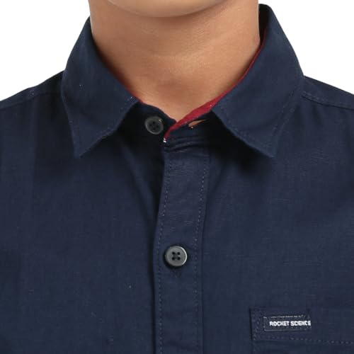 Image of ROCKET SCIENCE Boys Single Pocket Shirt | Regular Fit, Spread Collar, Full Sleeves, 100% Cotton Linen Fabric Royal Blue